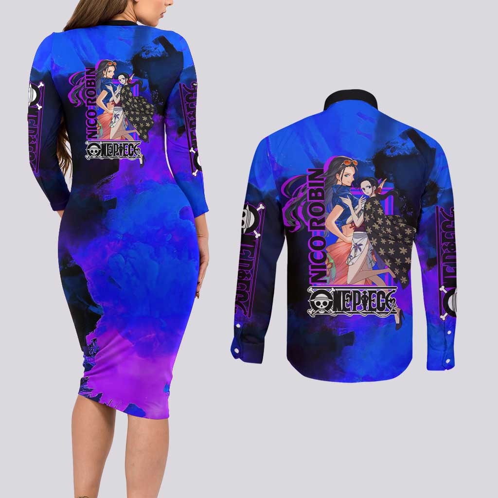 Nico Robin One Piece Purple and Blue Theme Couples Matching Long Sleeve Bodycon Dress and Long Sleeve Button Shirt with Floral Cape and Archaeologist Pose Design - The Mazicc