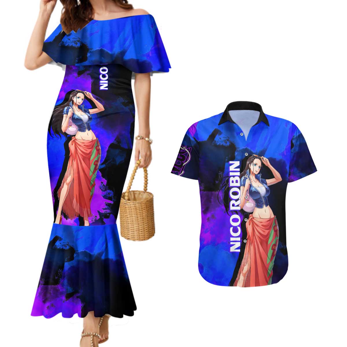 Nico Robin One Piece Purple and Blue Theme Couples Matching Mermaid Dress and Hawaiian Shirt with Floral Cape and Archaeologist Pose Design - The Mazicc