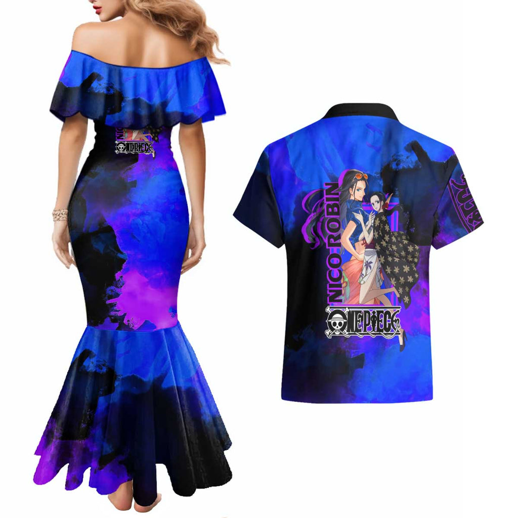 Nico Robin One Piece Purple and Blue Theme Couples Matching Mermaid Dress and Hawaiian Shirt with Floral Cape and Archaeologist Pose Design - The Mazicc