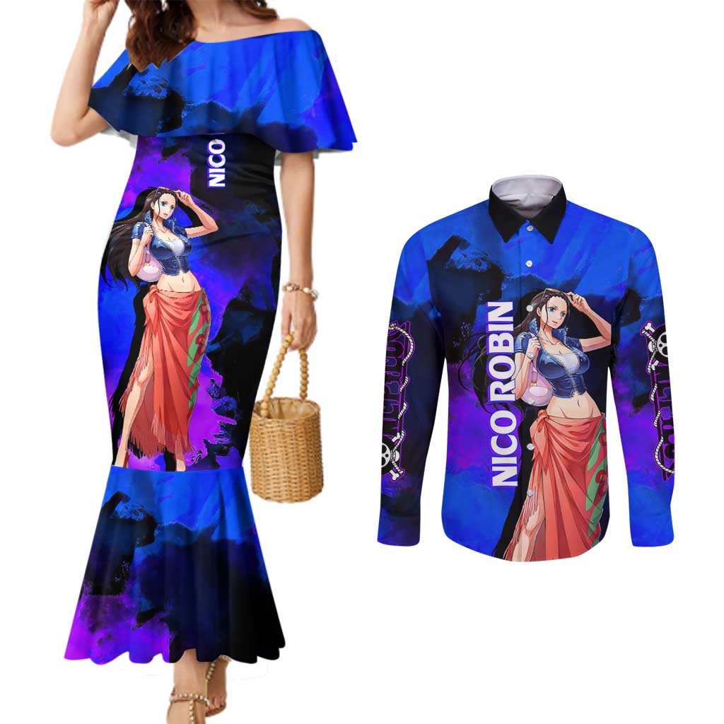 Nico Robin One Piece Purple and Blue Theme Couples Matching Mermaid Dress and Long Sleeve Button Shirt with Floral Cape and Archaeologist Pose Design - The Mazicc