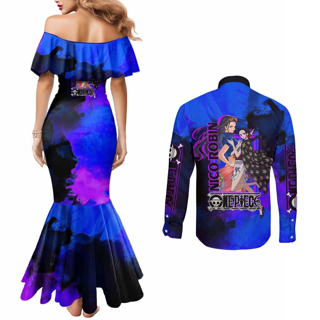 Nico Robin One Piece Purple and Blue Theme Couples Matching Mermaid Dress and Long Sleeve Button Shirt with Floral Cape and Archaeologist Pose Design - The Mazicc