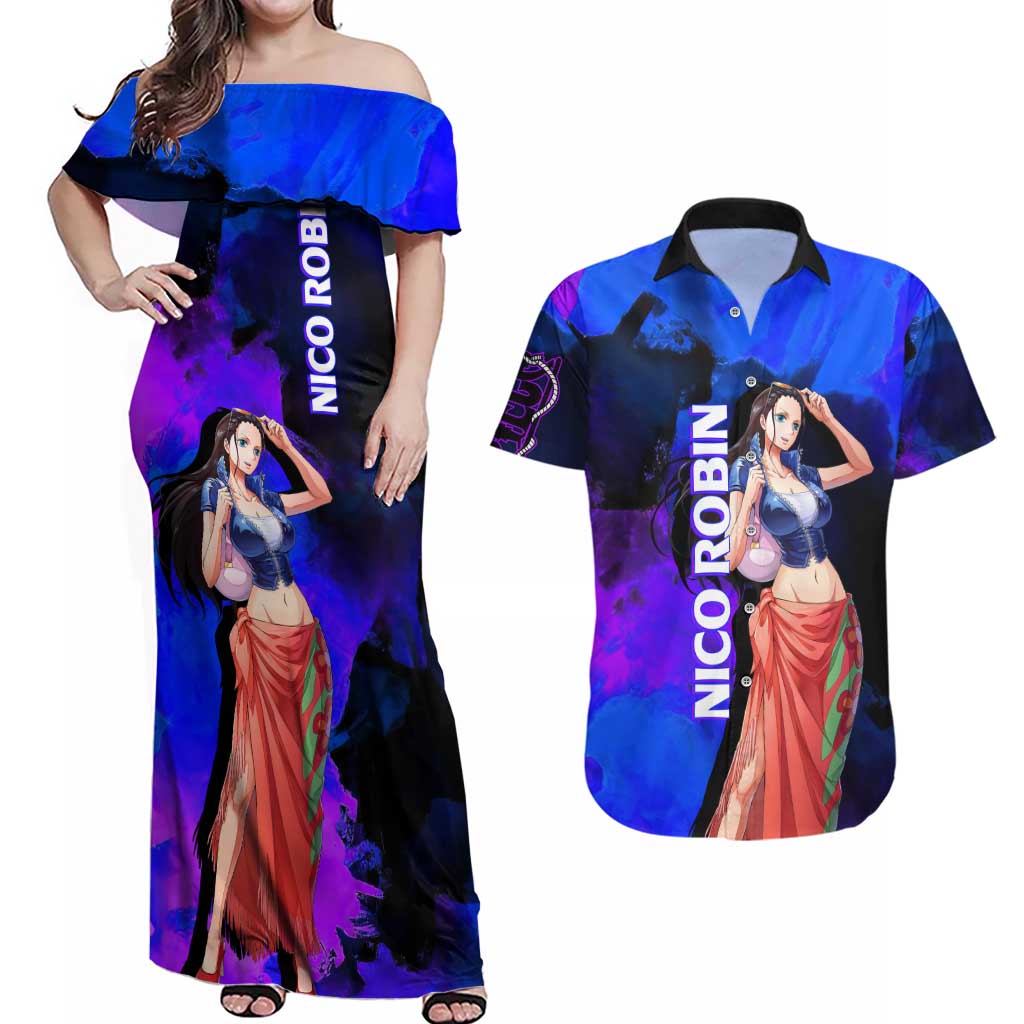 Nico Robin One Piece Purple and Blue Theme Couples Matching Off Shoulder Maxi Dress and Hawaiian Shirt with Floral Cape and Archaeologist Pose Design - The Mazicc