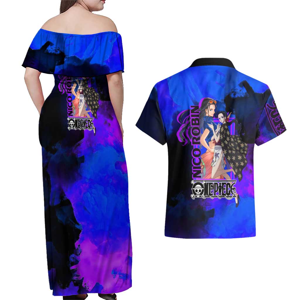 Nico Robin One Piece Purple and Blue Theme Couples Matching Off Shoulder Maxi Dress and Hawaiian Shirt with Floral Cape and Archaeologist Pose Design - The Mazicc