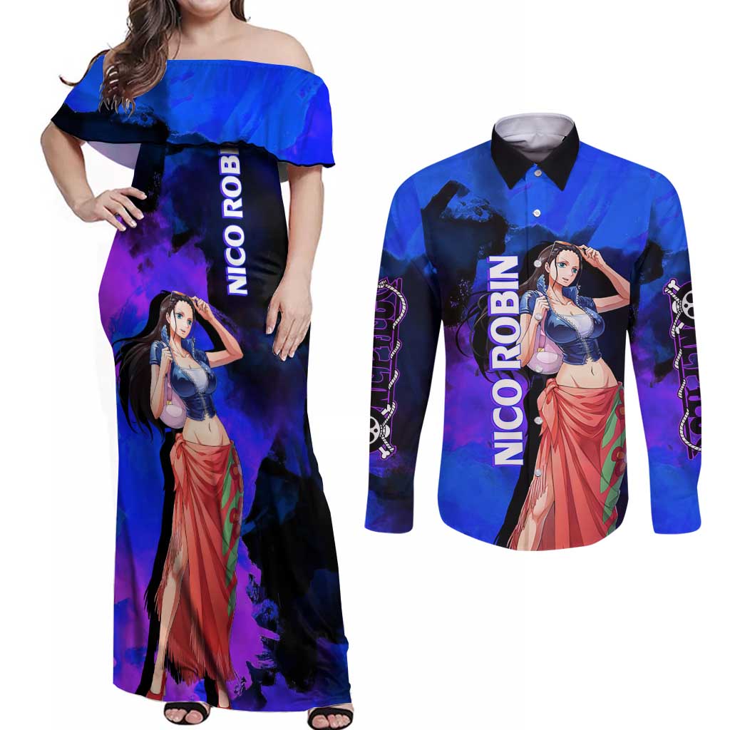 Nico Robin One Piece Purple and Blue Theme Couples Matching Off Shoulder Maxi Dress and Long Sleeve Button Shirt with Floral Cape and Archaeologist Pose Design - The Mazicc