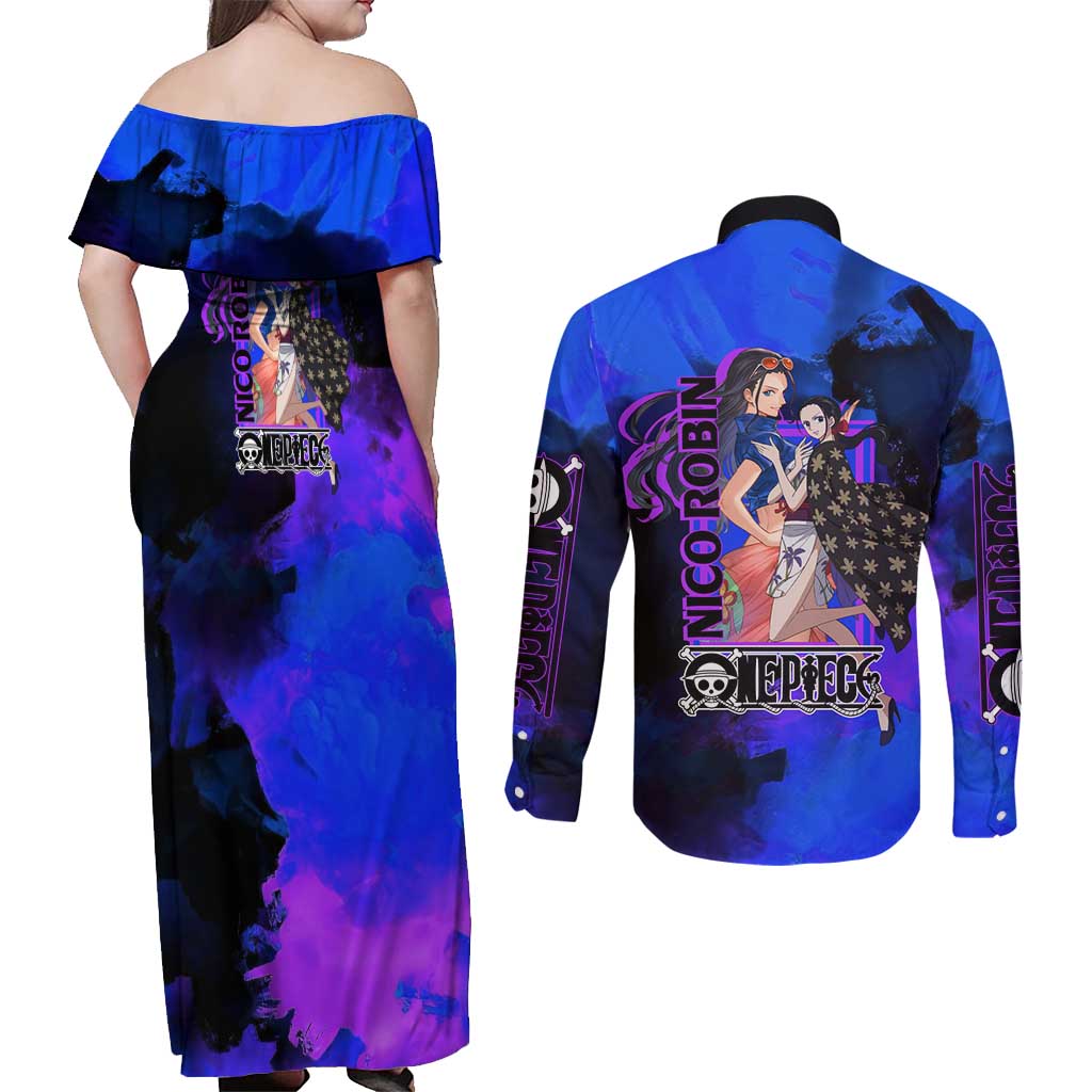 Nico Robin One Piece Purple and Blue Theme Couples Matching Off Shoulder Maxi Dress and Long Sleeve Button Shirt with Floral Cape and Archaeologist Pose Design - The Mazicc