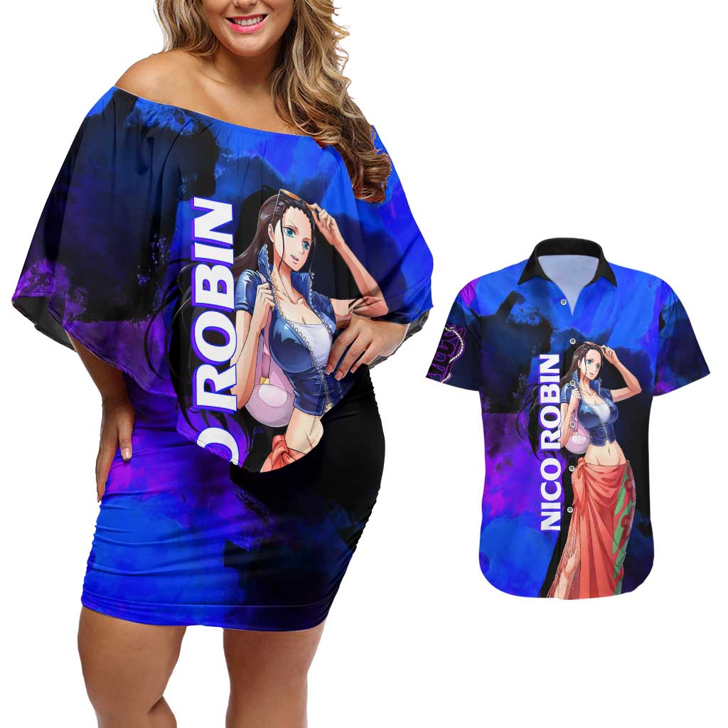 Nico Robin One Piece Purple and Blue Theme Couples Matching Off Shoulder Short Dress and Hawaiian Shirt with Floral Cape and Archaeologist Pose Design - The Mazicc