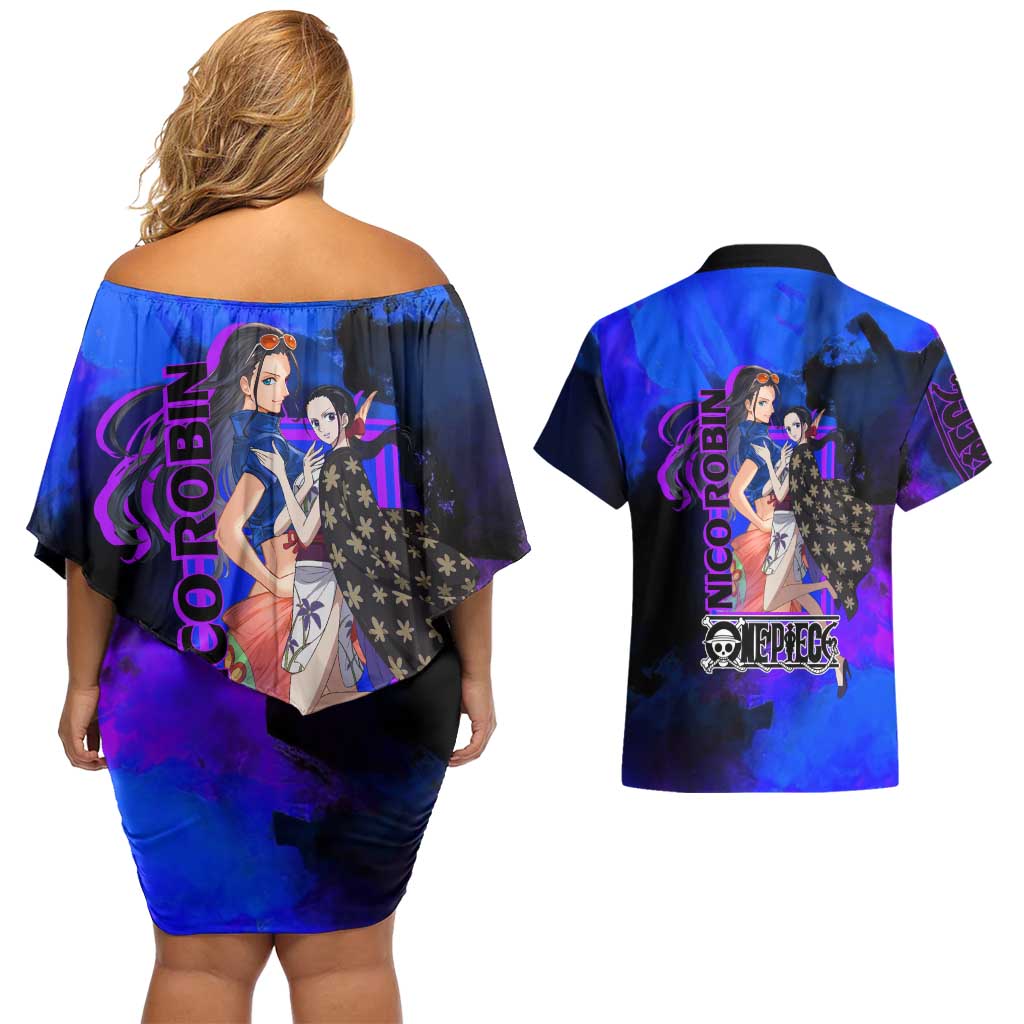 Nico Robin One Piece Purple and Blue Theme Couples Matching Off Shoulder Short Dress and Hawaiian Shirt with Floral Cape and Archaeologist Pose Design - The Mazicc
