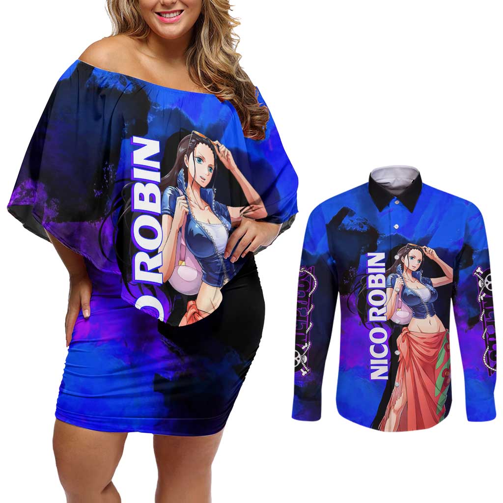 Nico Robin One Piece Purple and Blue Theme Couples Matching Off Shoulder Short Dress and Long Sleeve Button Shirt with Floral Cape and Archaeologist Pose Design - The Mazicc