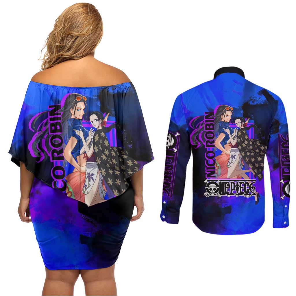Nico Robin One Piece Purple and Blue Theme Couples Matching Off Shoulder Short Dress and Long Sleeve Button Shirt with Floral Cape and Archaeologist Pose Design - The Mazicc