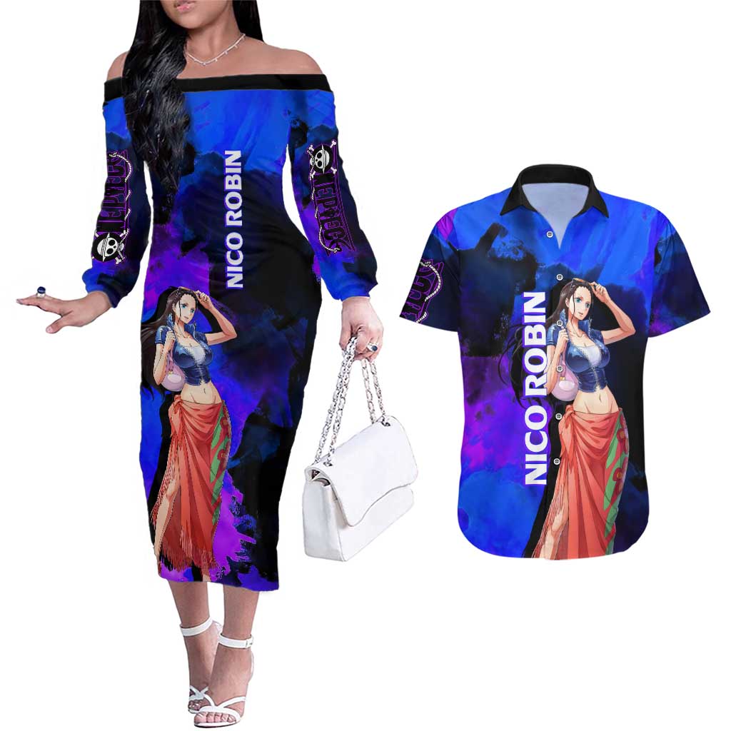 Nico Robin One Piece Purple and Blue Theme Couples Matching Off The Shoulder Long Sleeve Dress and Hawaiian Shirt with Floral Cape and Archaeologist Pose Design - The Mazicc