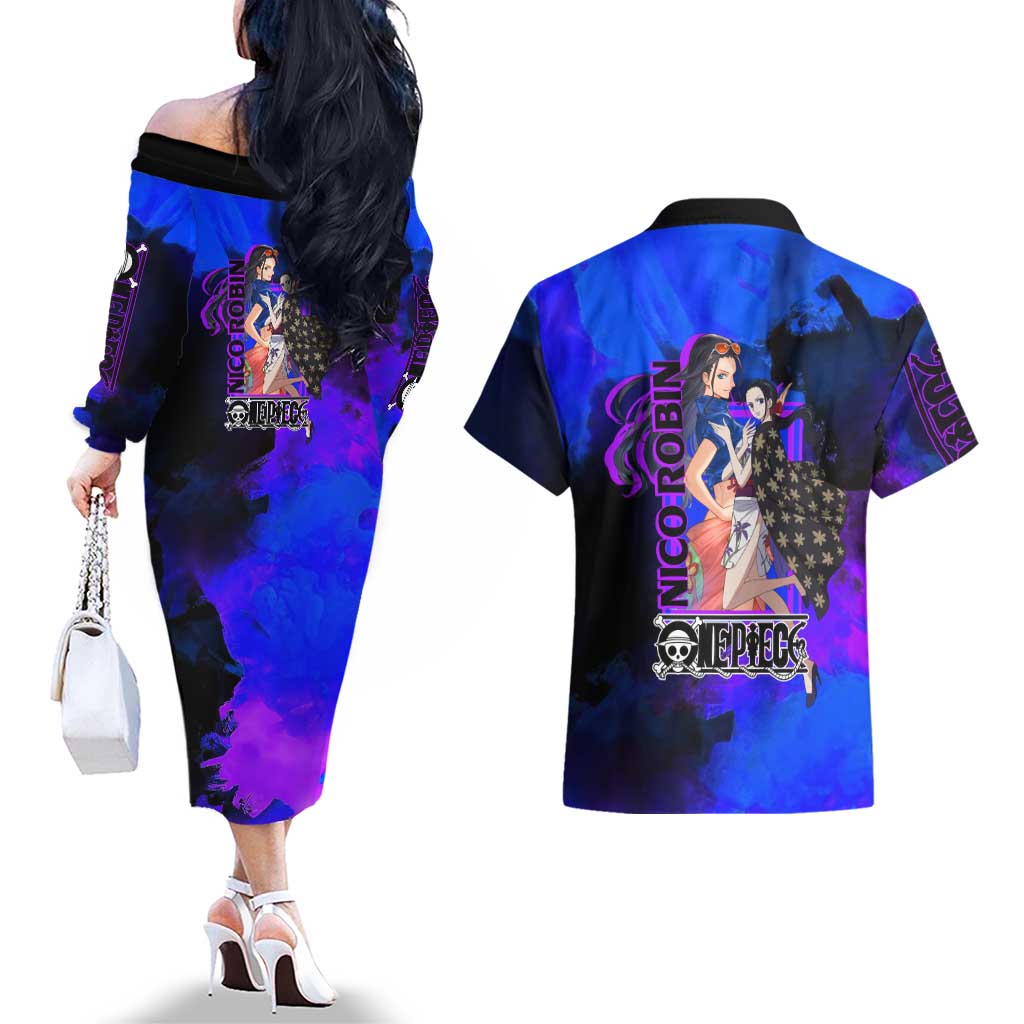 Nico Robin One Piece Purple and Blue Theme Couples Matching Off The Shoulder Long Sleeve Dress and Hawaiian Shirt with Floral Cape and Archaeologist Pose Design - The Mazicc