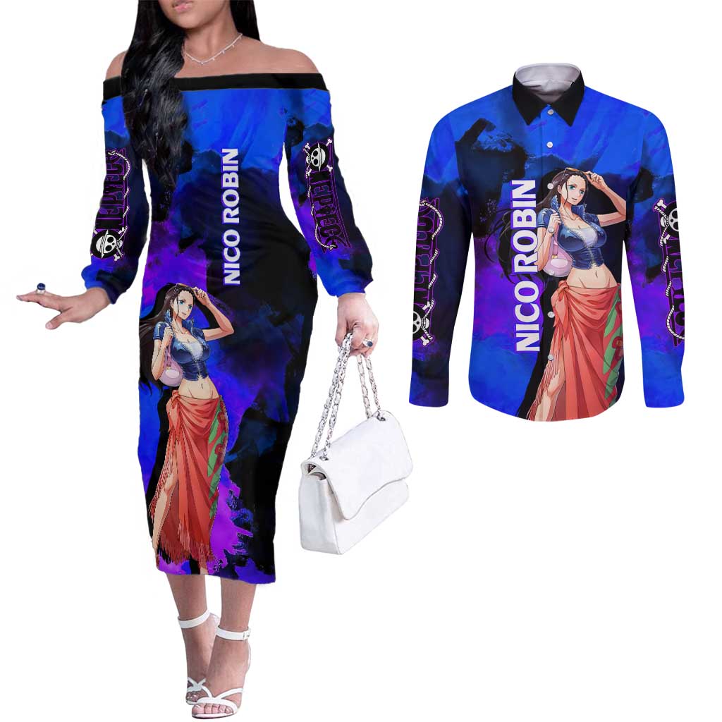 Nico Robin One Piece Purple and Blue Theme Couples Matching Off The Shoulder Long Sleeve Dress and Long Sleeve Button Shirt with Floral Cape and Archaeologist Pose Design - The Mazicc