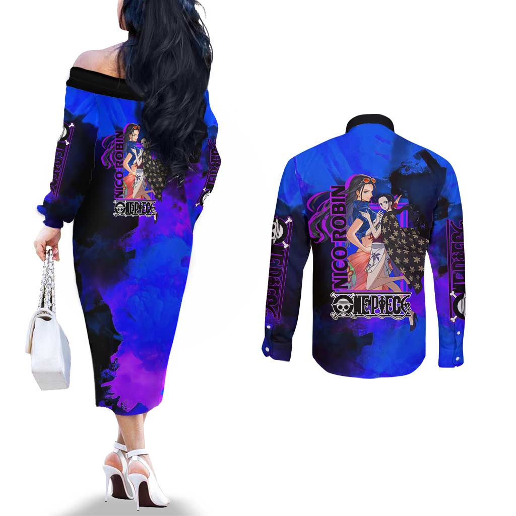Nico Robin One Piece Purple and Blue Theme Couples Matching Off The Shoulder Long Sleeve Dress and Long Sleeve Button Shirt with Floral Cape and Archaeologist Pose Design - The Mazicc