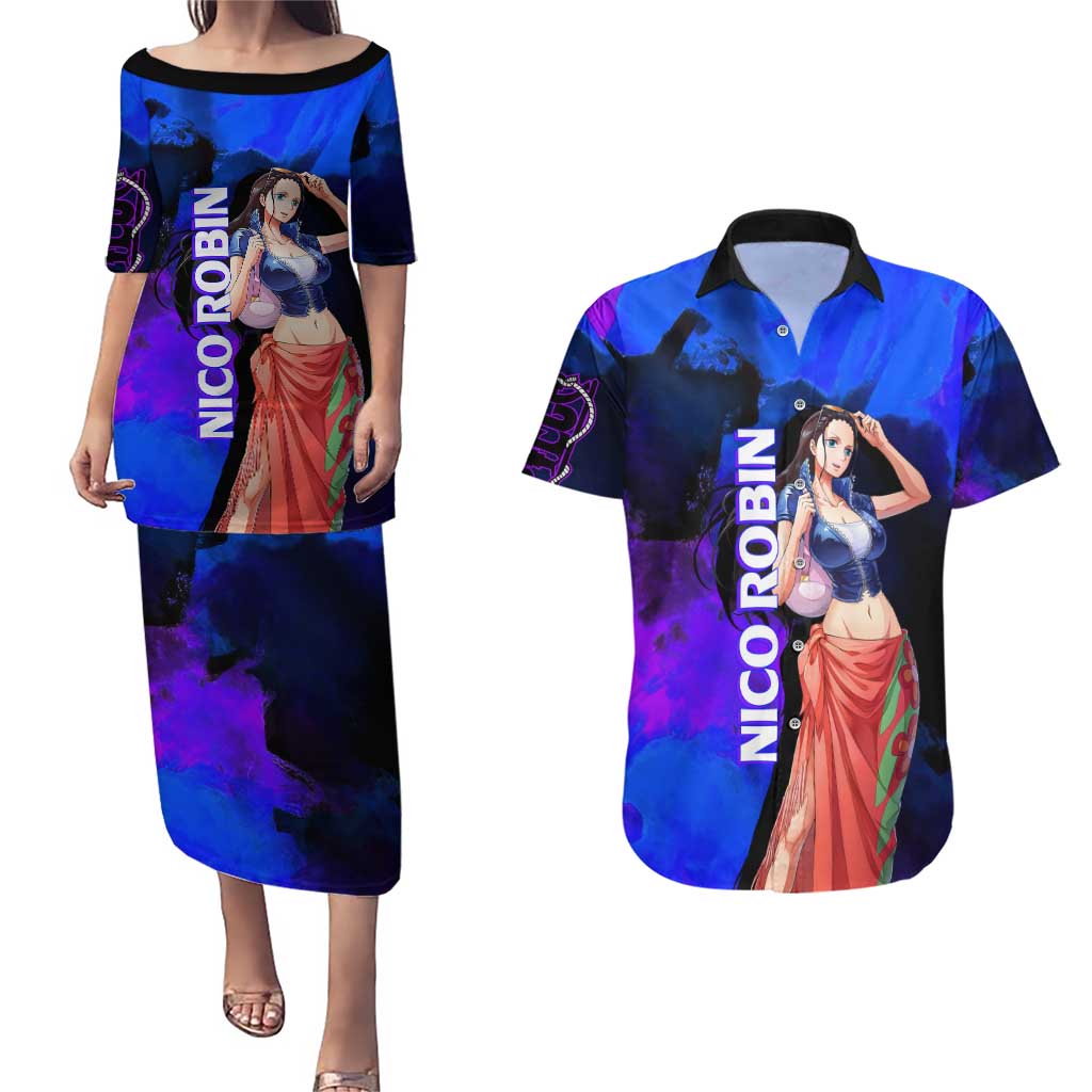 Nico Robin One Piece Purple and Blue Theme Couples Matching Puletasi and Hawaiian Shirt with Floral Cape and Archaeologist Pose Design - The Mazicc