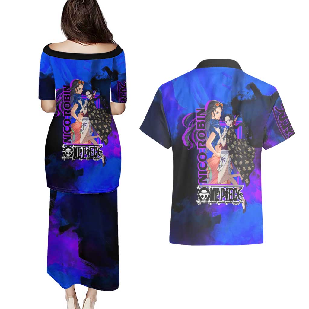 Nico Robin One Piece Purple and Blue Theme Couples Matching Puletasi and Hawaiian Shirt with Floral Cape and Archaeologist Pose Design - The Mazicc