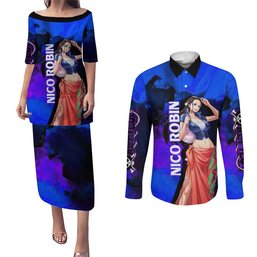 Nico Robin One Piece Purple and Blue Theme Couples Matching Puletasi and Long Sleeve Button Shirt with Floral Cape and Archaeologist Pose Design - The Mazicc