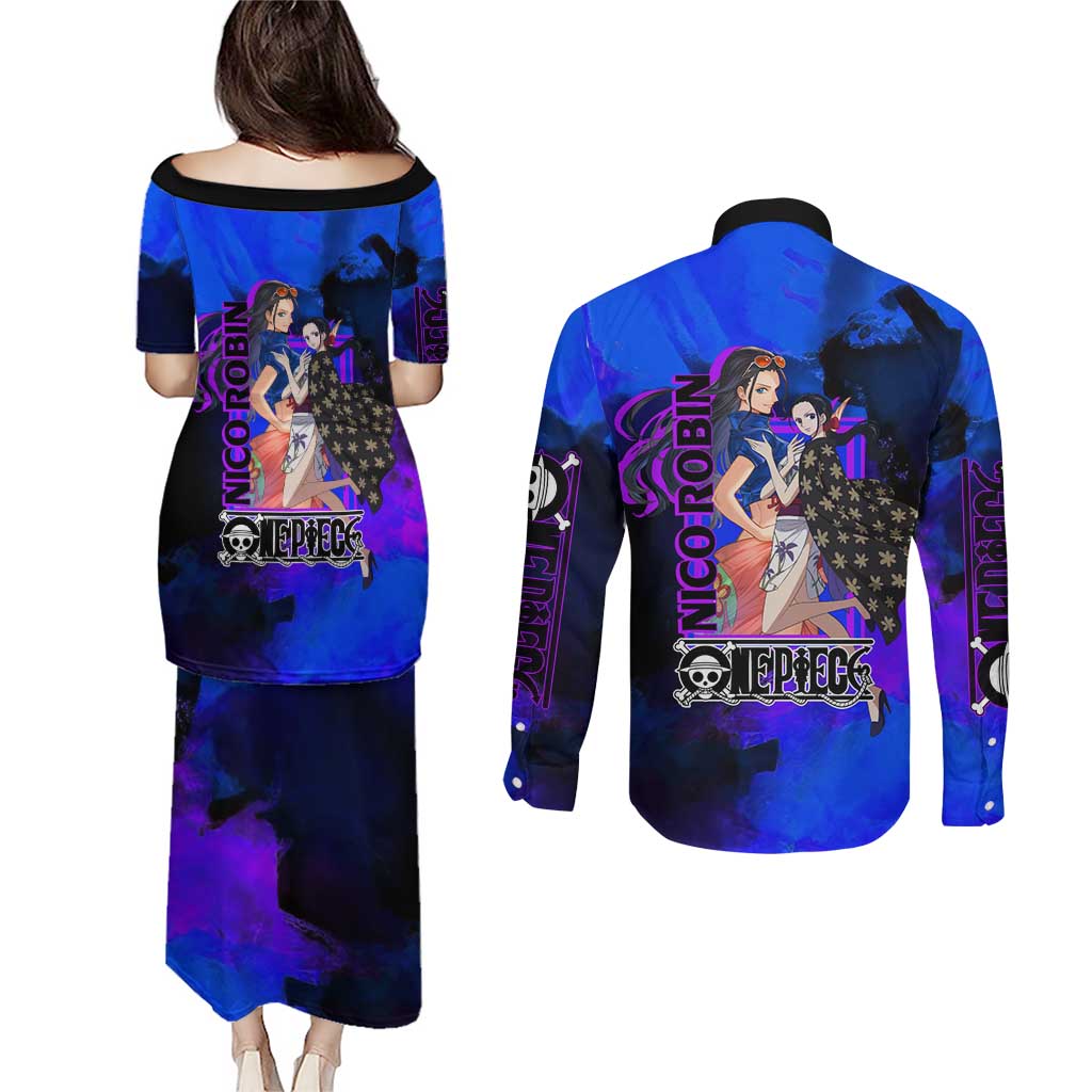 Nico Robin One Piece Purple and Blue Theme Couples Matching Puletasi and Long Sleeve Button Shirt with Floral Cape and Archaeologist Pose Design - The Mazicc