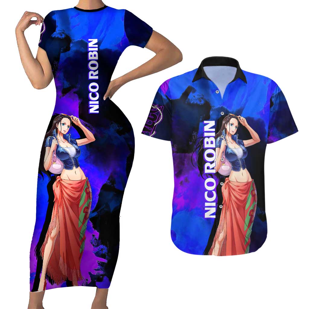 Nico Robin One Piece Purple and Blue Theme Couples Matching Short Sleeve Bodycon Dress and Hawaiian Shirt with Floral Cape and Archaeologist Pose Design - The Mazicc