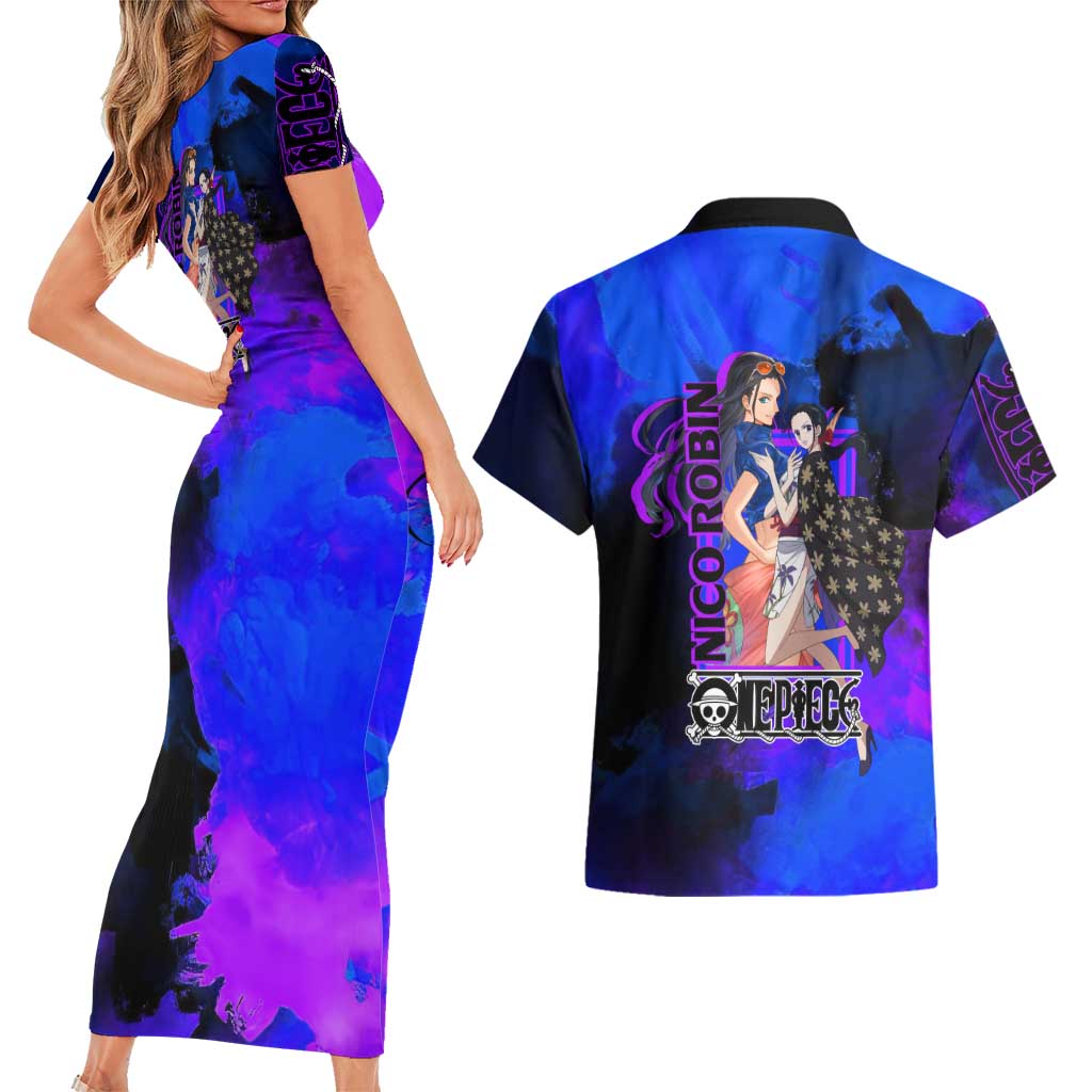 Nico Robin One Piece Purple and Blue Theme Couples Matching Short Sleeve Bodycon Dress and Hawaiian Shirt with Floral Cape and Archaeologist Pose Design - The Mazicc