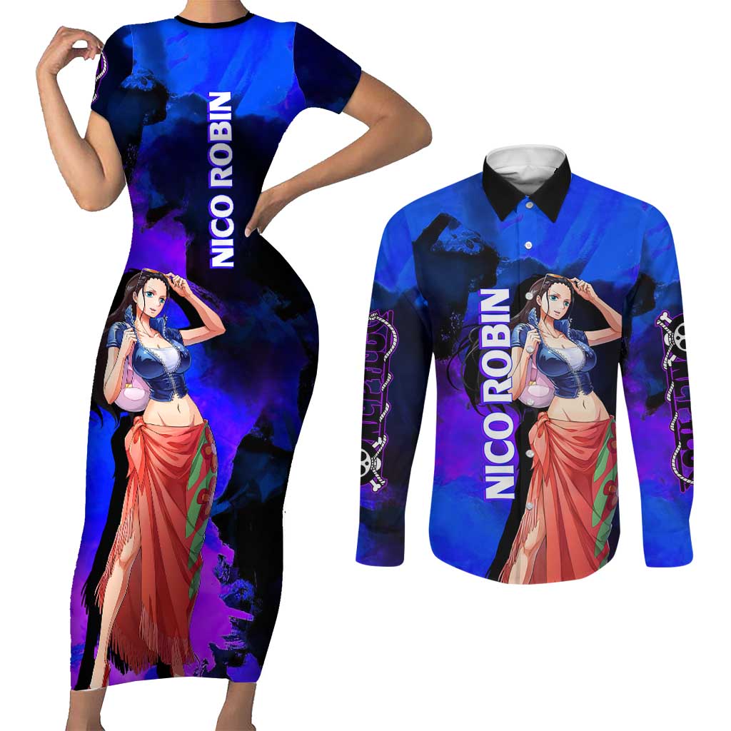 Nico Robin One Piece Purple and Blue Theme Couples Matching Short Sleeve Bodycon Dress and Long Sleeve Button Shirt with Floral Cape and Archaeologist Pose Design - The Mazicc