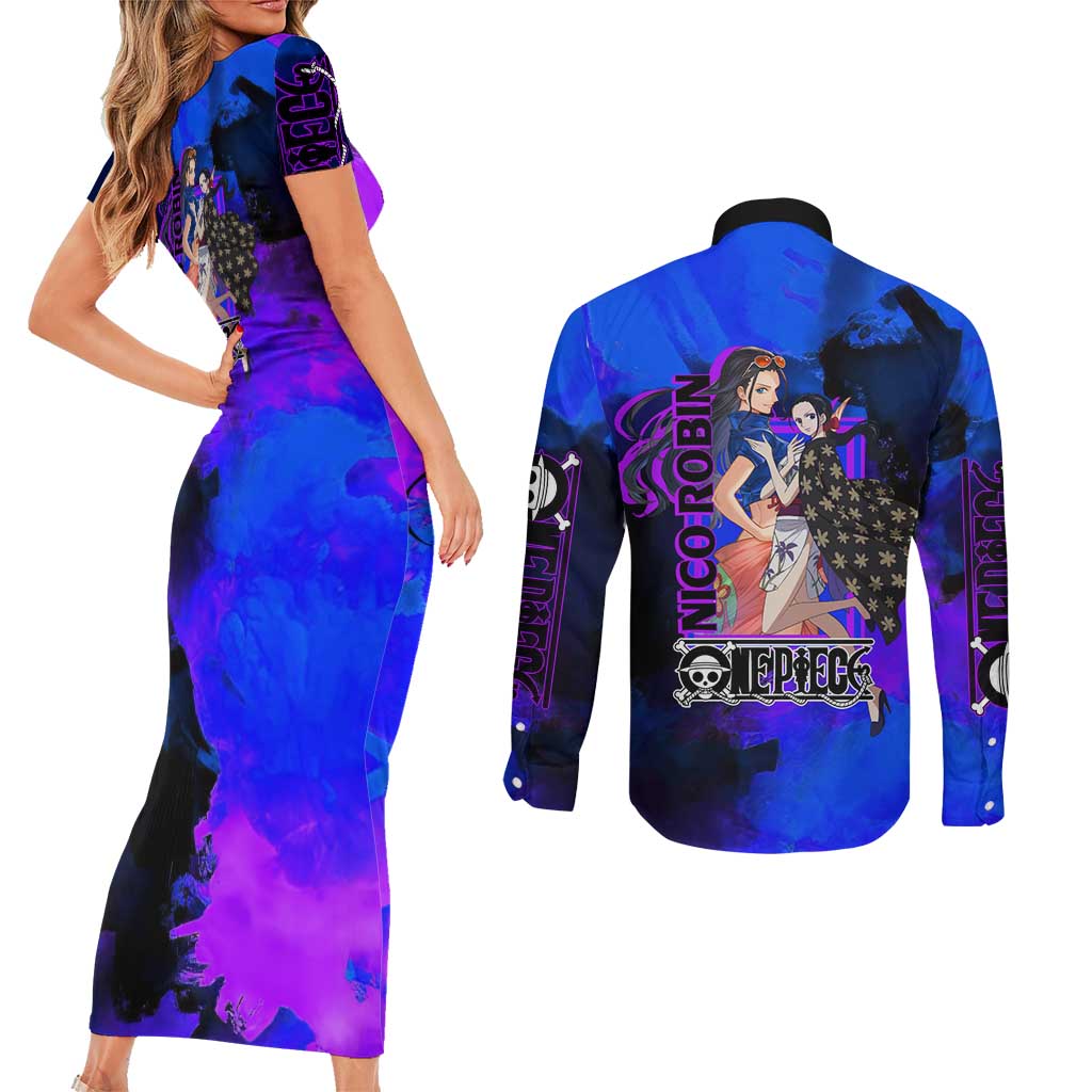 Nico Robin One Piece Purple and Blue Theme Couples Matching Short Sleeve Bodycon Dress and Long Sleeve Button Shirt with Floral Cape and Archaeologist Pose Design - The Mazicc