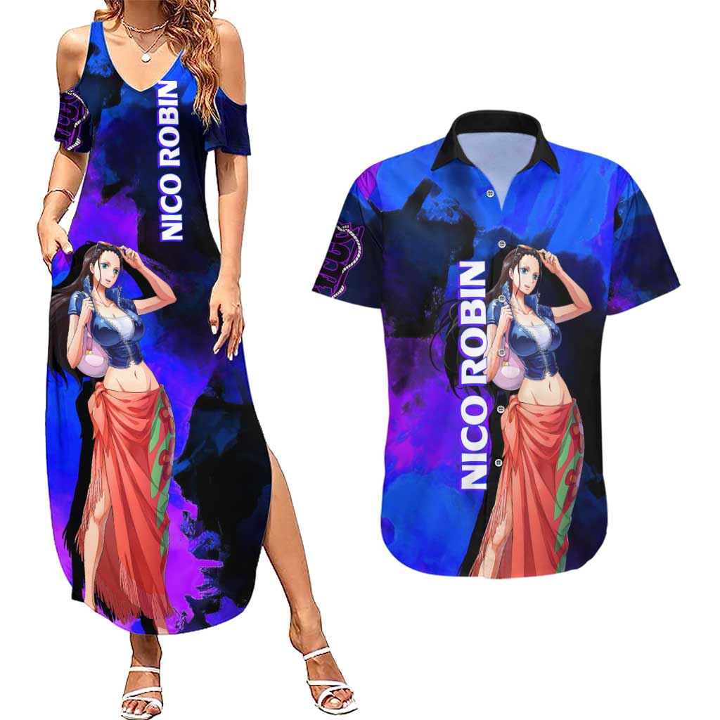 Nico Robin One Piece Purple and Blue Theme Couples Matching Summer Maxi Dress and Hawaiian Shirt with Floral Cape and Archaeologist Pose Design - The Mazicc