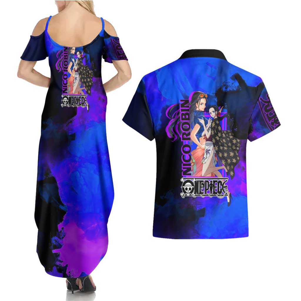 Nico Robin One Piece Purple and Blue Theme Couples Matching Summer Maxi Dress and Hawaiian Shirt with Floral Cape and Archaeologist Pose Design - The Mazicc