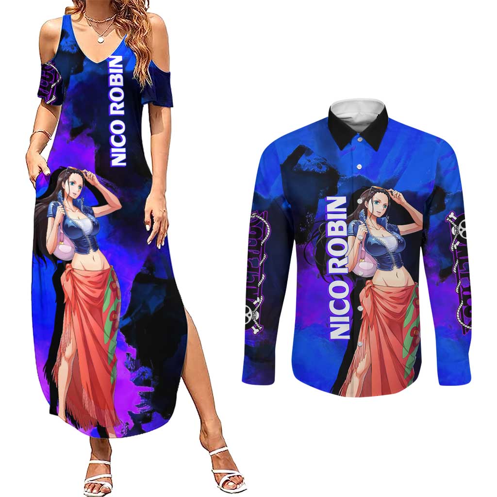 Nico Robin One Piece Purple and Blue Theme Couples Matching Summer Maxi Dress and Long Sleeve Button Shirt with Floral Cape and Archaeologist Pose Design - The Mazicc