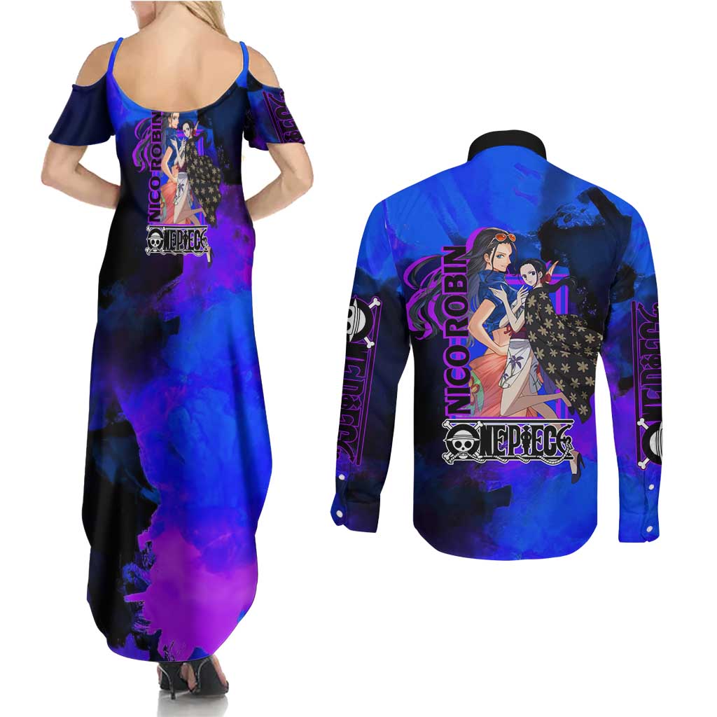Nico Robin One Piece Purple and Blue Theme Couples Matching Summer Maxi Dress and Long Sleeve Button Shirt with Floral Cape and Archaeologist Pose Design - The Mazicc