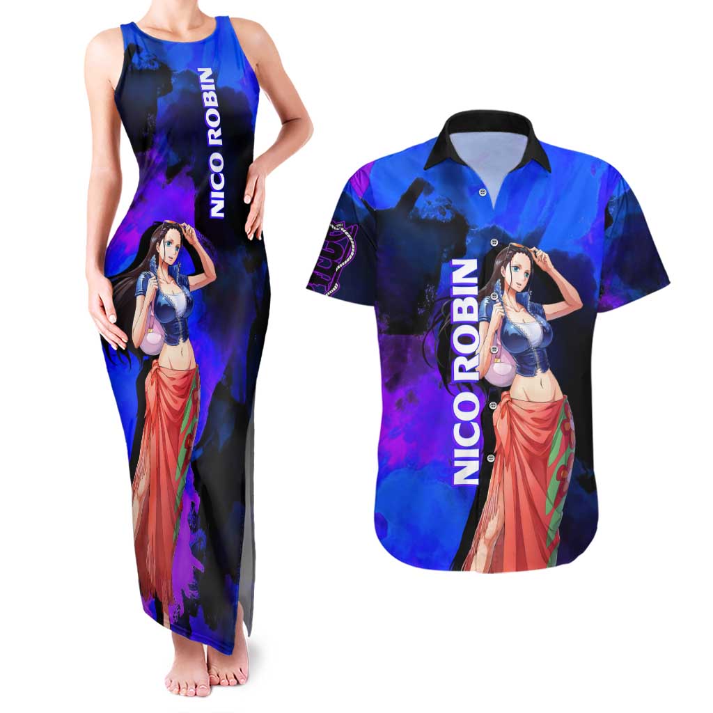 Nico Robin One Piece Purple and Blue Theme Couples Matching Tank Maxi Dress and Hawaiian Shirt with Floral Cape and Archaeologist Pose Design - The Mazicc