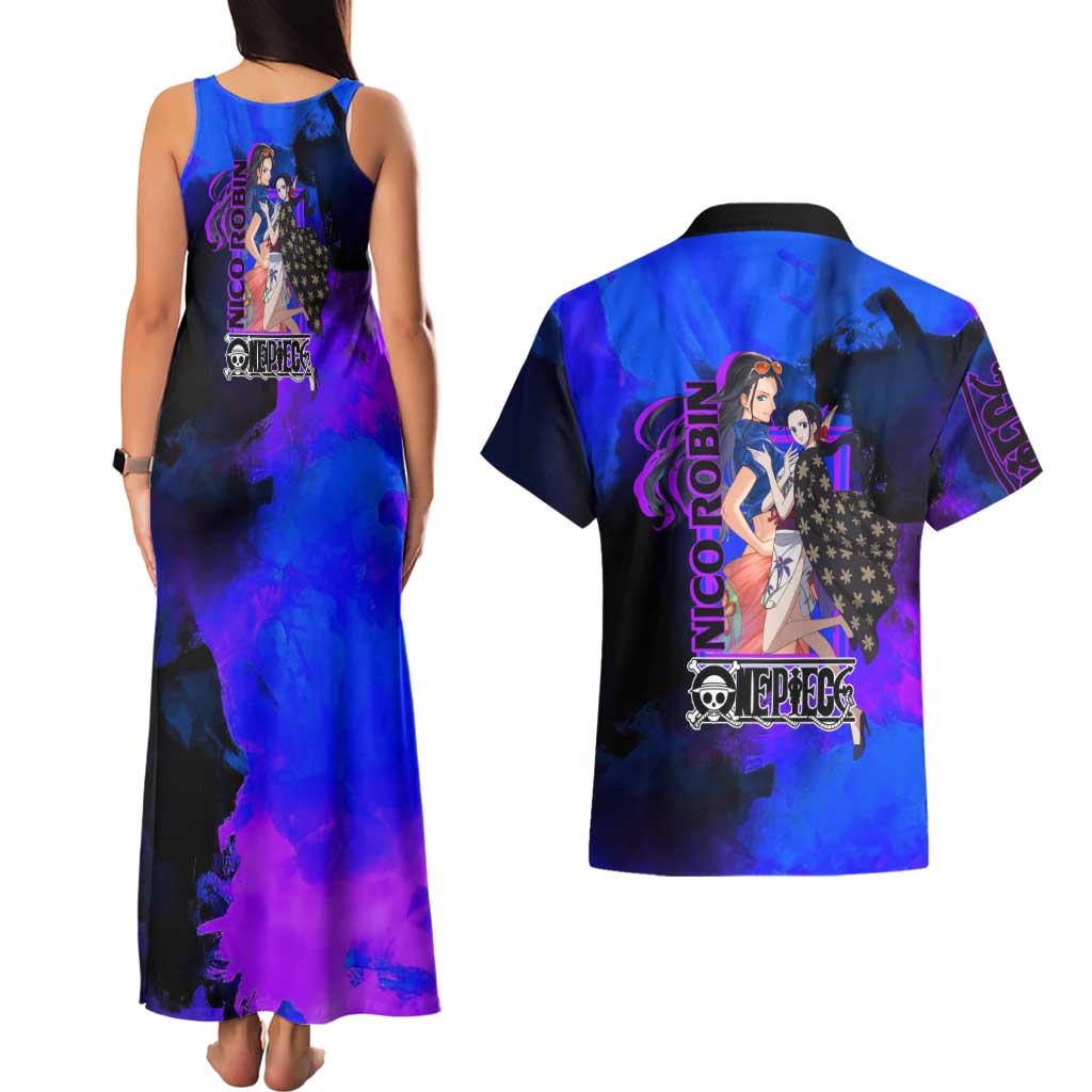 Nico Robin One Piece Purple and Blue Theme Couples Matching Tank Maxi Dress and Hawaiian Shirt with Floral Cape and Archaeologist Pose Design - The Mazicc