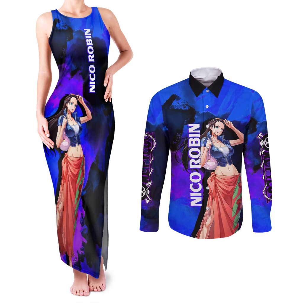 Nico Robin One Piece Purple and Blue Theme Couples Matching Tank Maxi Dress and Long Sleeve Button Shirt with Floral Cape and Archaeologist Pose Design - The Mazicc