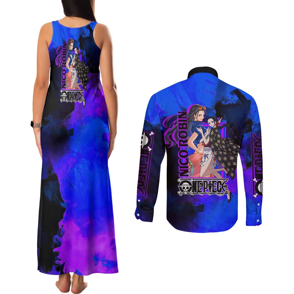 Nico Robin One Piece Purple and Blue Theme Couples Matching Tank Maxi Dress and Long Sleeve Button Shirt with Floral Cape and Archaeologist Pose Design - The Mazicc