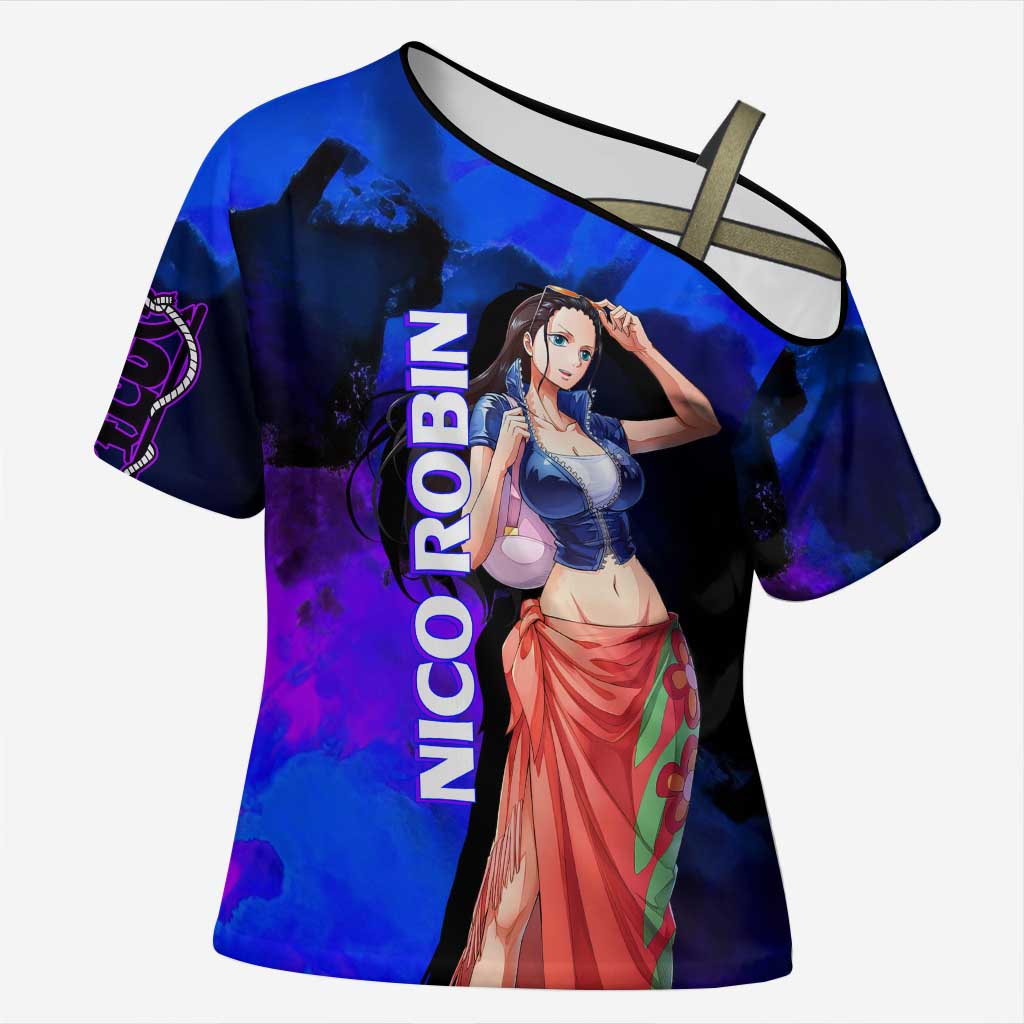 Nico Robin One Piece Purple and Blue Theme Cross Shoulder Shirt with Floral Cape and Archaeologist Pose Design - The Mazicc