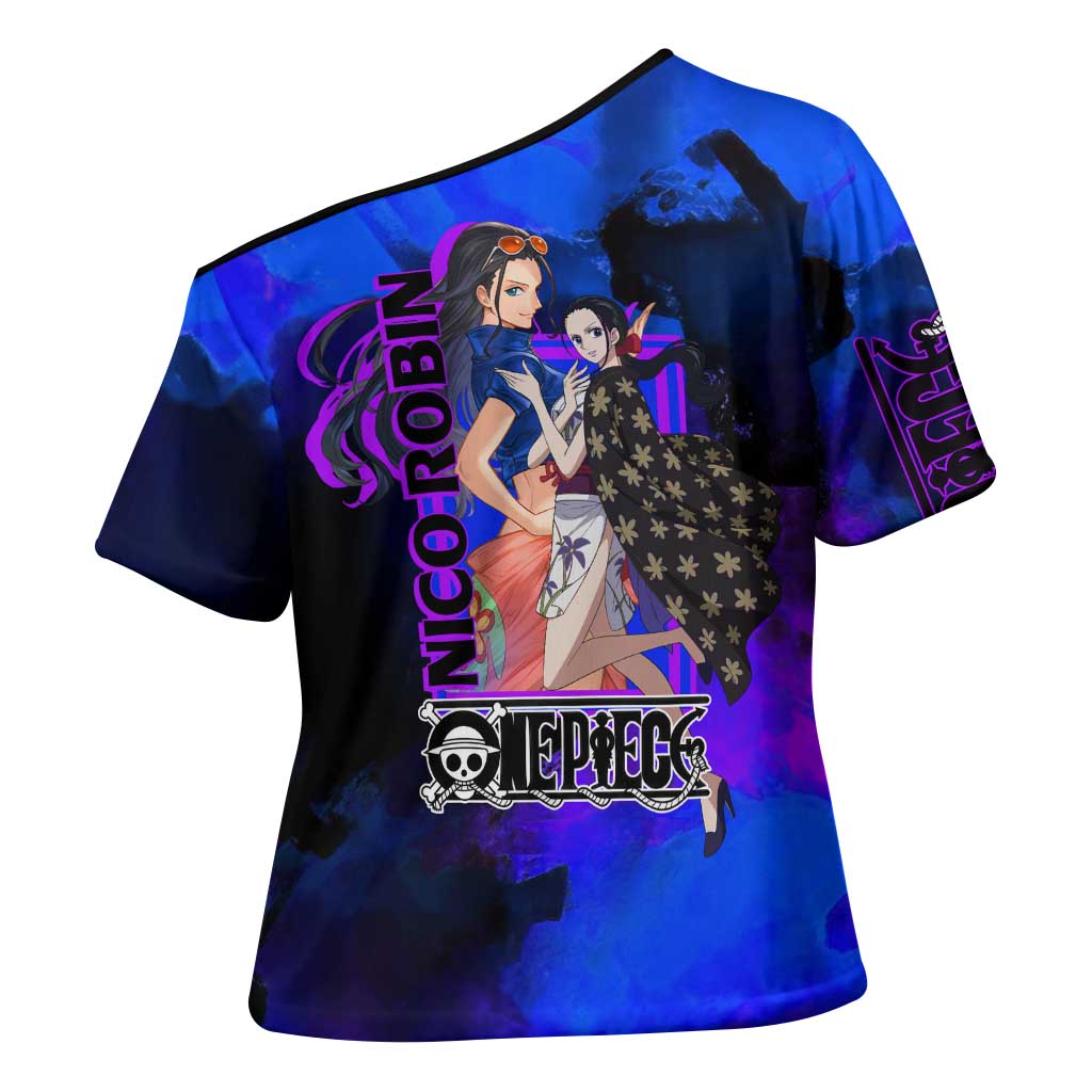 Nico Robin One Piece Purple and Blue Theme Cross Shoulder Shirt with Floral Cape and Archaeologist Pose Design - The Mazicc