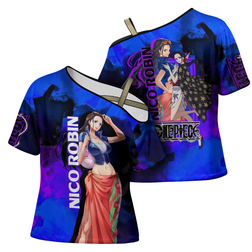 Nico Robin One Piece Purple and Blue Theme Cross Shoulder Shirt with Floral Cape and Archaeologist Pose Design - The Mazicc
