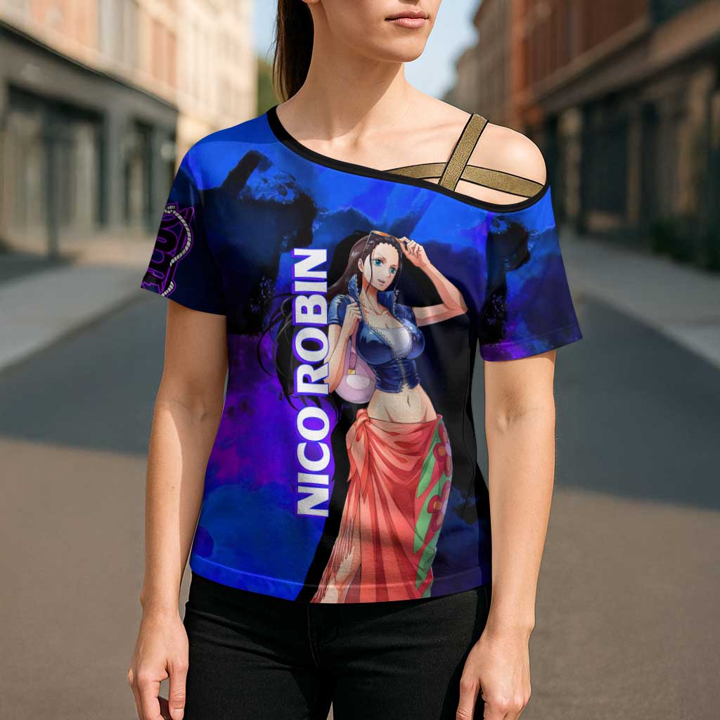 Nico Robin One Piece Purple and Blue Theme Cross Shoulder Shirt with Floral Cape and Archaeologist Pose Design - The Mazicc
