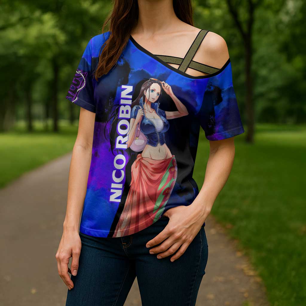 Nico Robin One Piece Purple and Blue Theme Cross Shoulder Shirt with Floral Cape and Archaeologist Pose Design - The Mazicc