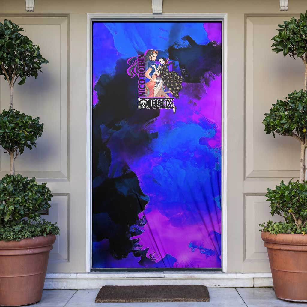 Nico Robin One Piece Purple and Blue Theme Door Cover with Floral Cape and Archaeologist Pose Design - The Mazicc
