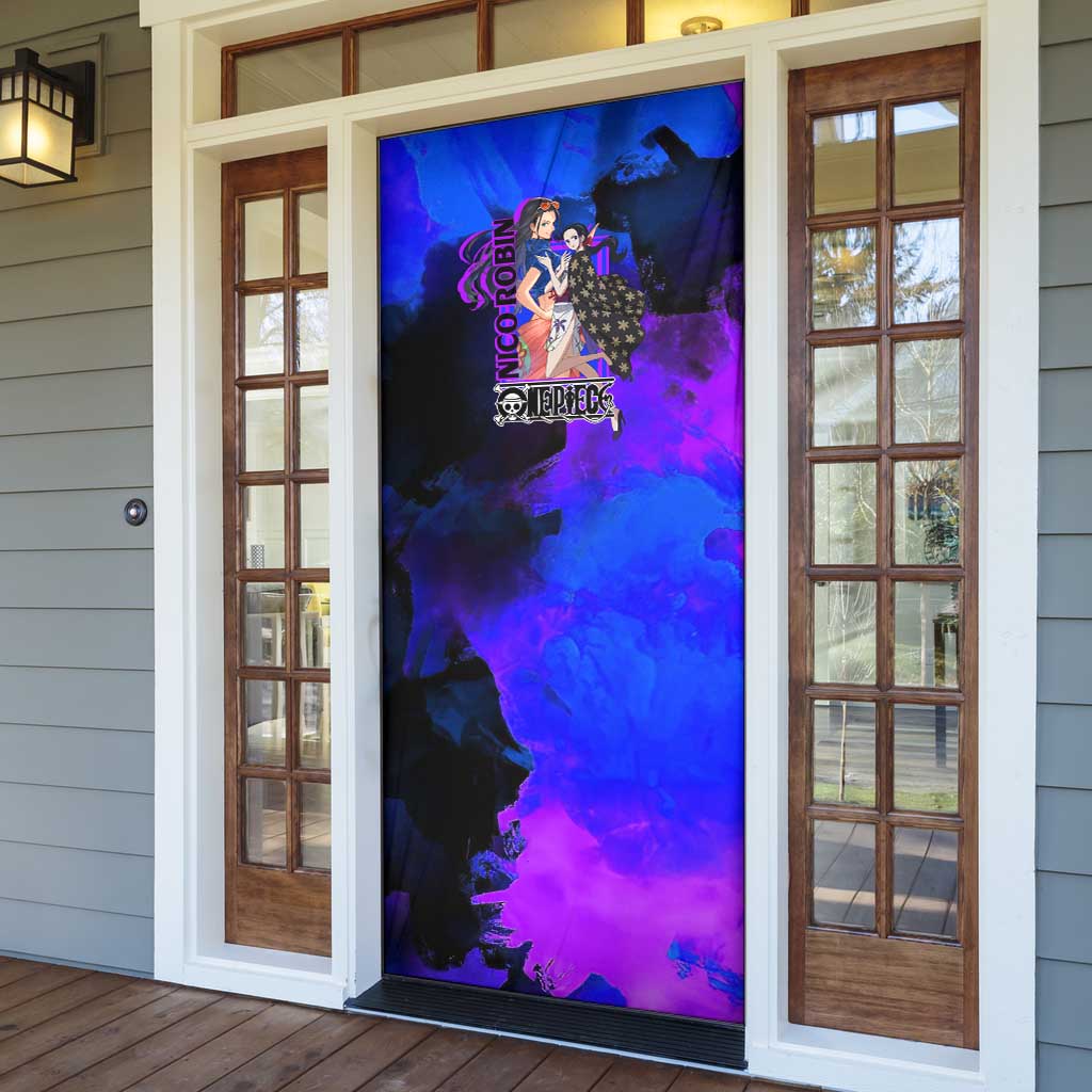Nico Robin One Piece Purple and Blue Theme Door Cover with Floral Cape and Archaeologist Pose Design - The Mazicc