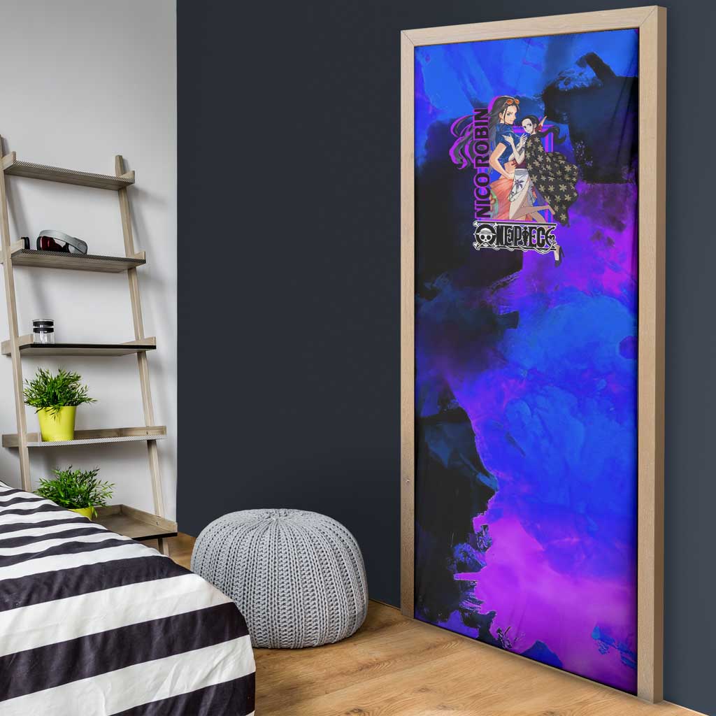 Nico Robin One Piece Purple and Blue Theme Door Cover with Floral Cape and Archaeologist Pose Design - The Mazicc