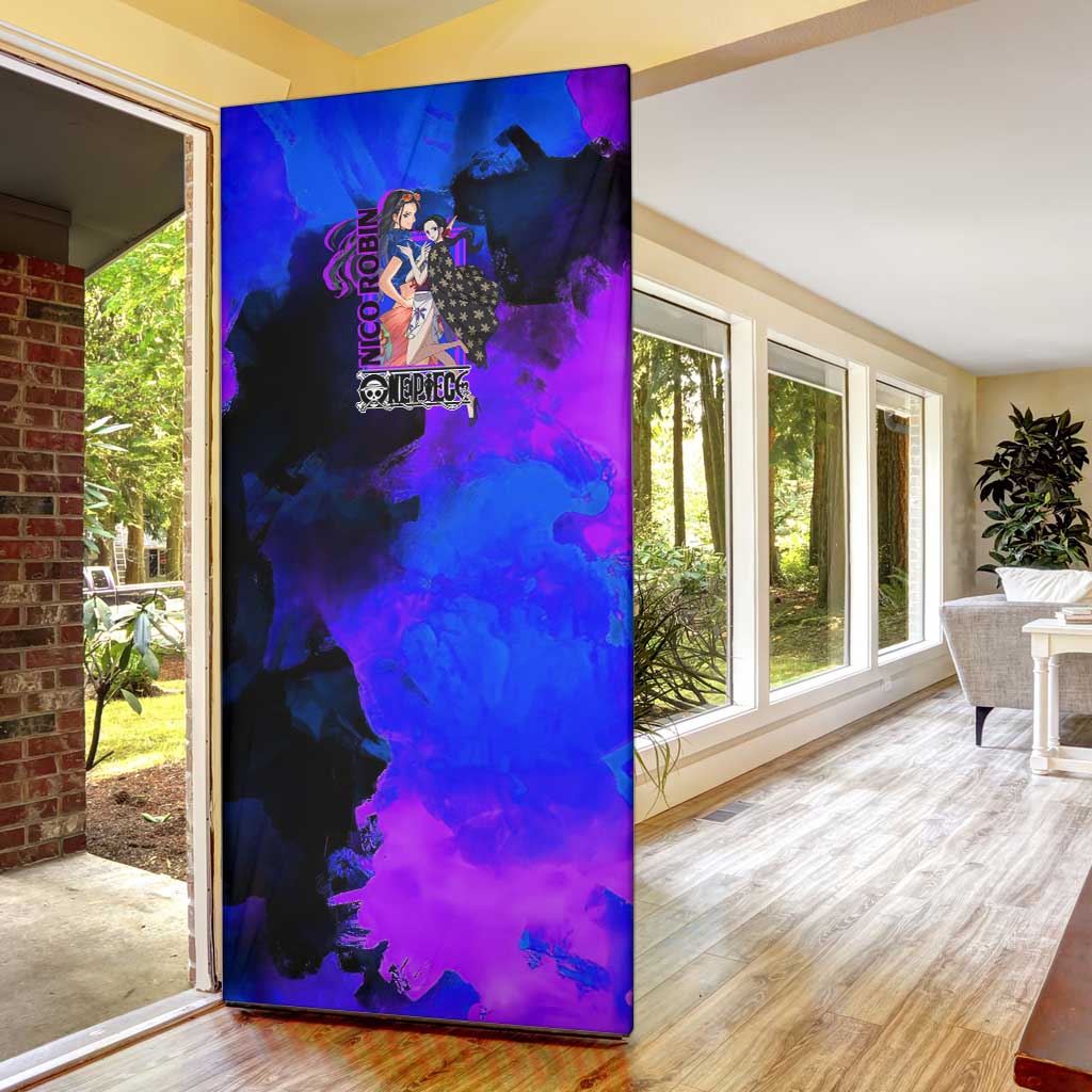 Nico Robin One Piece Purple and Blue Theme Door Cover with Floral Cape and Archaeologist Pose Design - The Mazicc