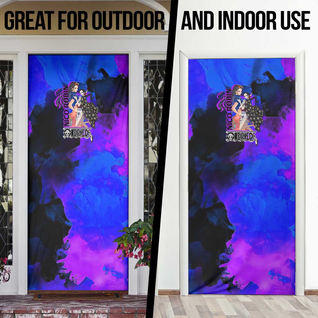 Nico Robin One Piece Purple and Blue Theme Door Cover with Floral Cape and Archaeologist Pose Design - The Mazicc