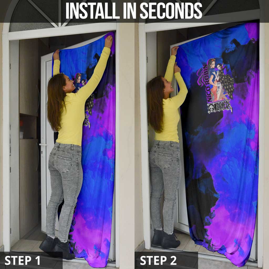Nico Robin One Piece Purple and Blue Theme Door Cover with Floral Cape and Archaeologist Pose Design - The Mazicc