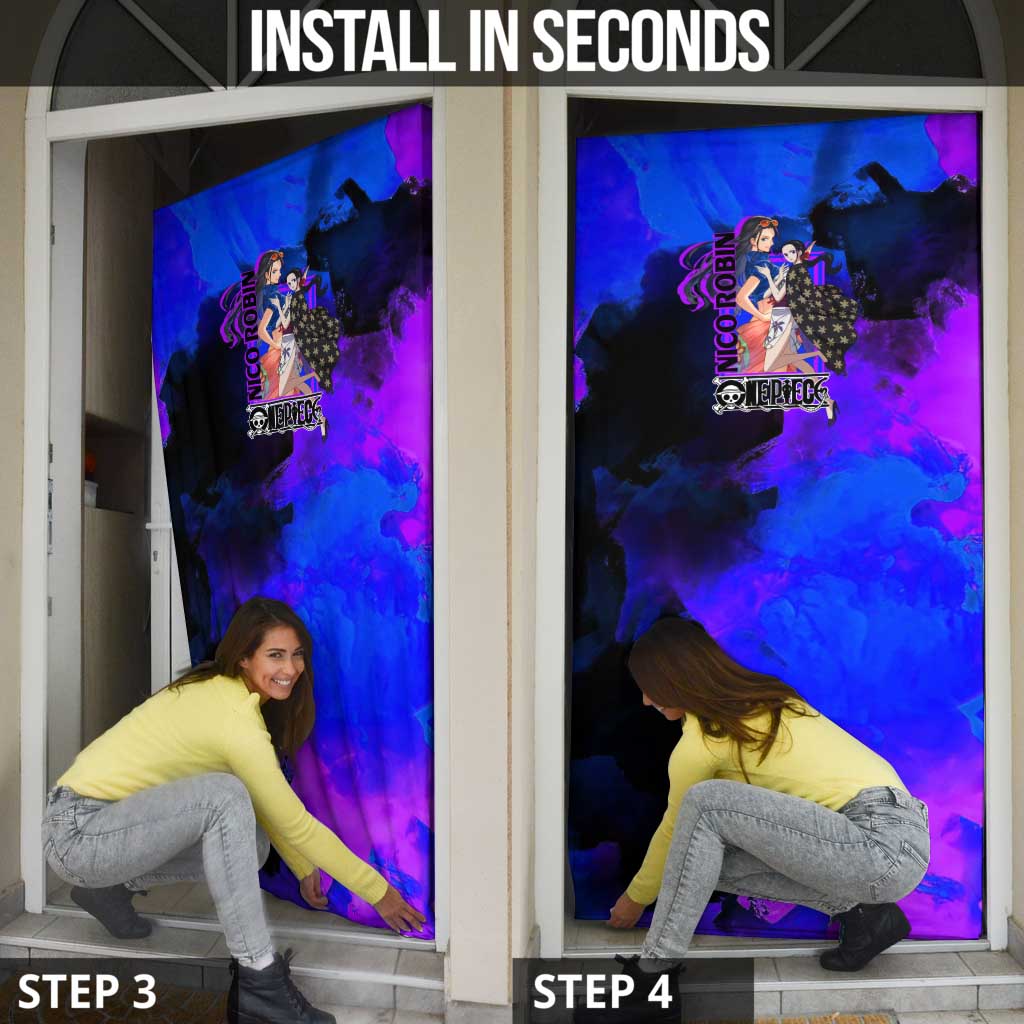 Nico Robin One Piece Purple and Blue Theme Door Cover with Floral Cape and Archaeologist Pose Design - The Mazicc