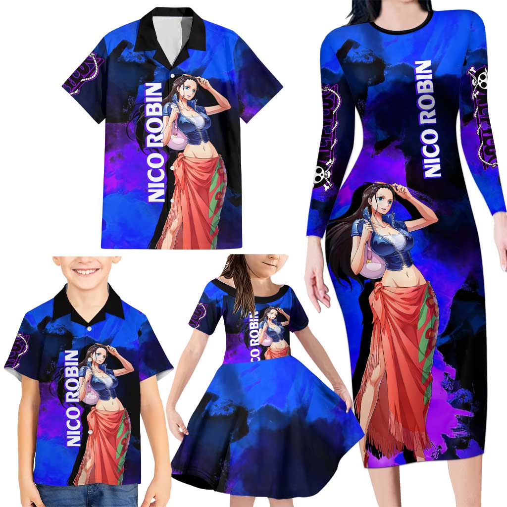 Nico Robin One Piece Purple and Blue Theme Family Matching Long Sleeve Bodycon Dress and Hawaiian Shirt with Floral Cape and Archaeologist Pose Design