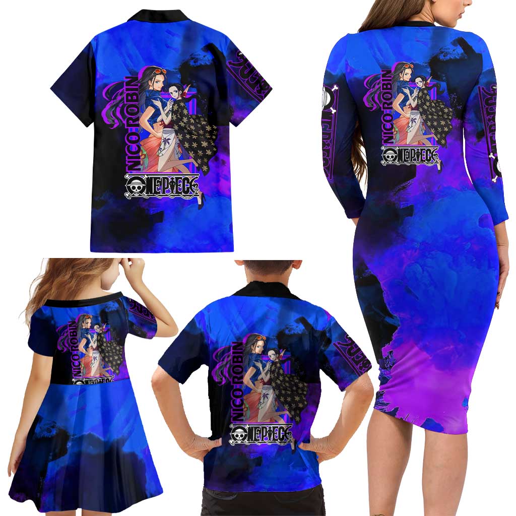 Nico Robin One Piece Purple and Blue Theme Family Matching Long Sleeve Bodycon Dress and Hawaiian Shirt with Floral Cape and Archaeologist Pose Design