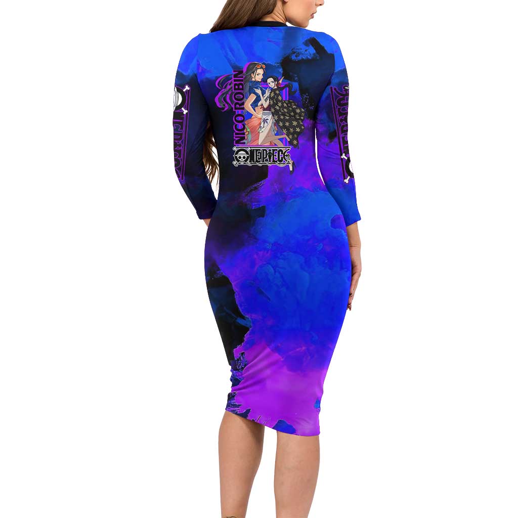 Nico Robin One Piece Purple and Blue Theme Family Matching Long Sleeve Bodycon Dress and Hawaiian Shirt with Floral Cape and Archaeologist Pose Design