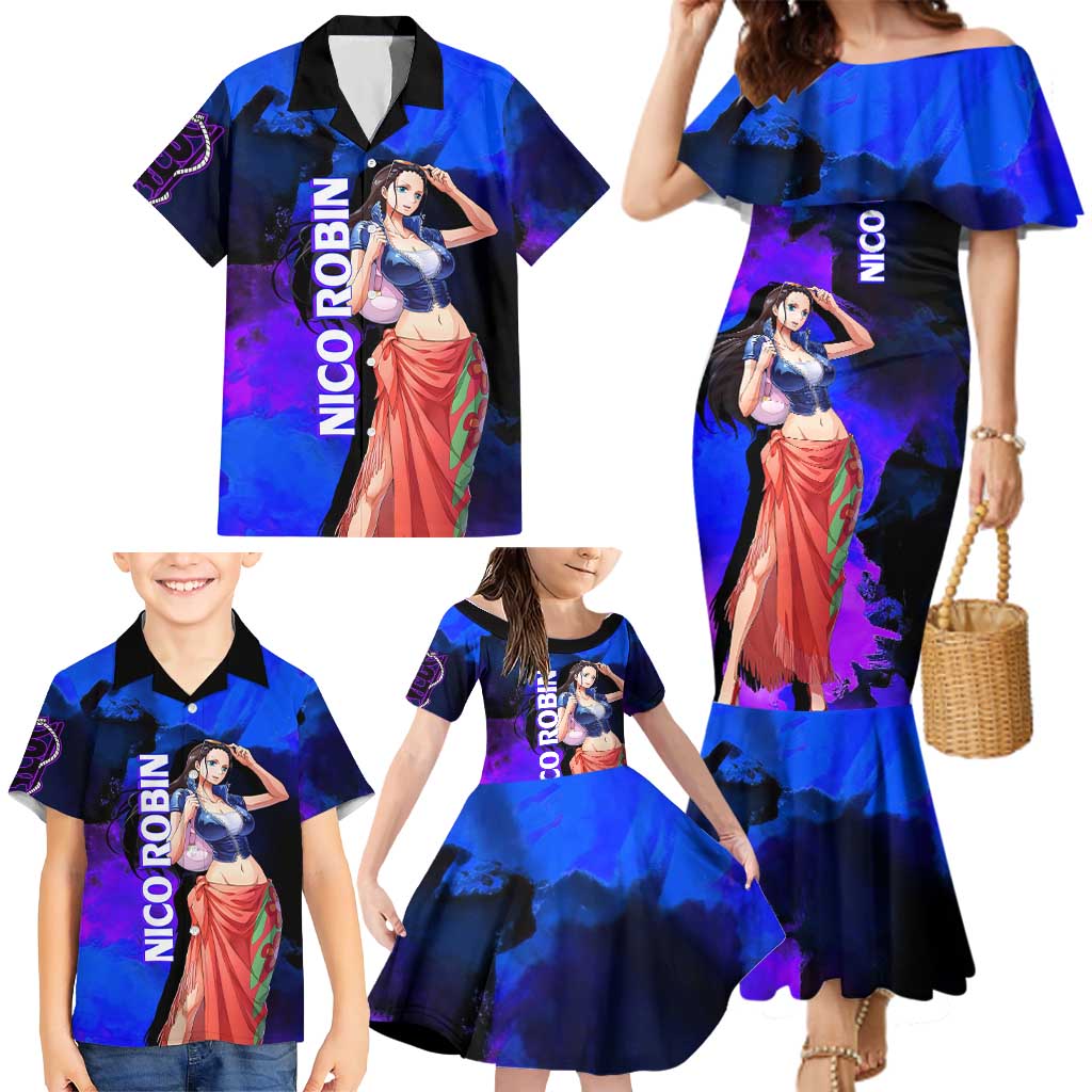 Nico Robin One Piece Purple and Blue Theme Family Matching Mermaid Dress and Hawaiian Shirt with Floral Cape and Archaeologist Pose Design