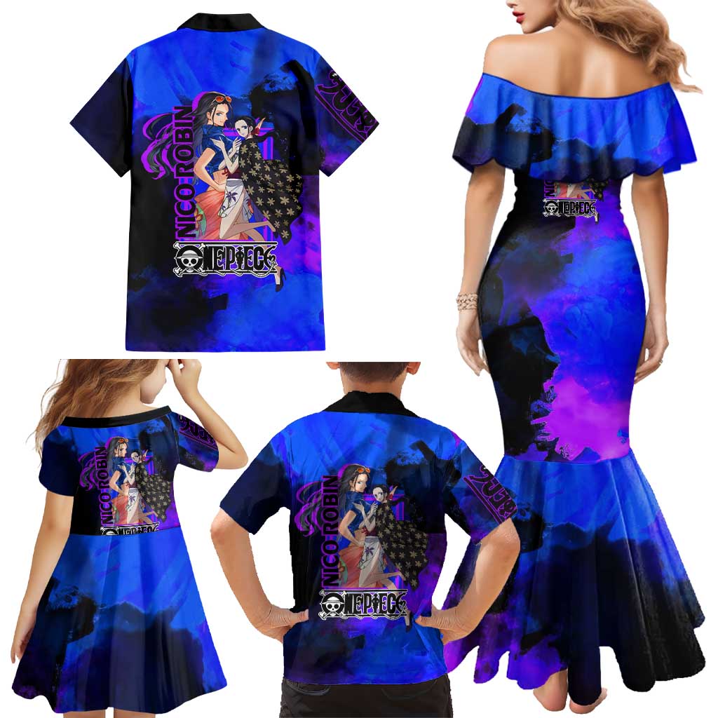 Nico Robin One Piece Purple and Blue Theme Family Matching Mermaid Dress and Hawaiian Shirt with Floral Cape and Archaeologist Pose Design